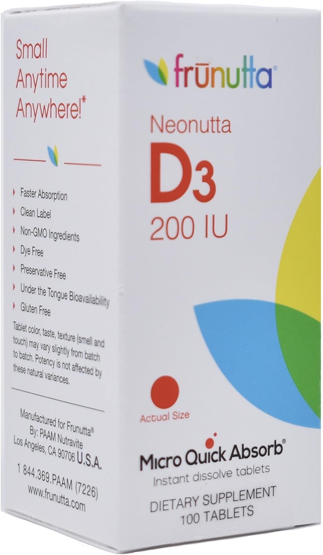 Frunutta Neonutta Children's Vitamin D3 200 IU, 100 Instant Dissolve Tablets