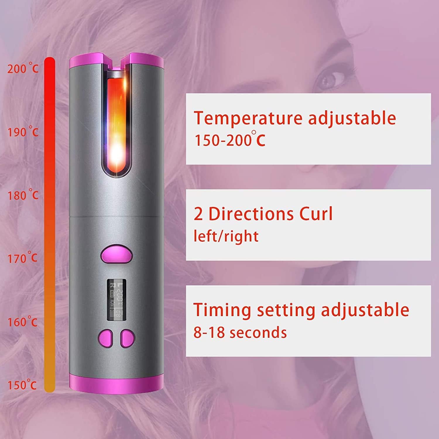 Automatic Hair Curler – Professional Ceramic Rotating Curling Iron with LCD Display – Auto Curler with Adjustable Temperature and Timer – Cordless Hair Curler for Safe and Fast Hair Styling (Grey)