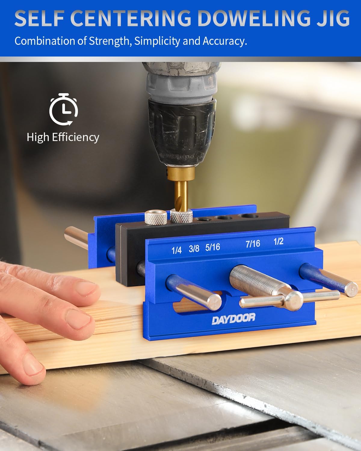 DAYDOOR 6.7" Self Centering Dowel Jig, Wide Capacity Doweling Jig & Drill Guide for Woodworking, Complete Kit with 6 Steel Bushings for Straight Holes(Blue)