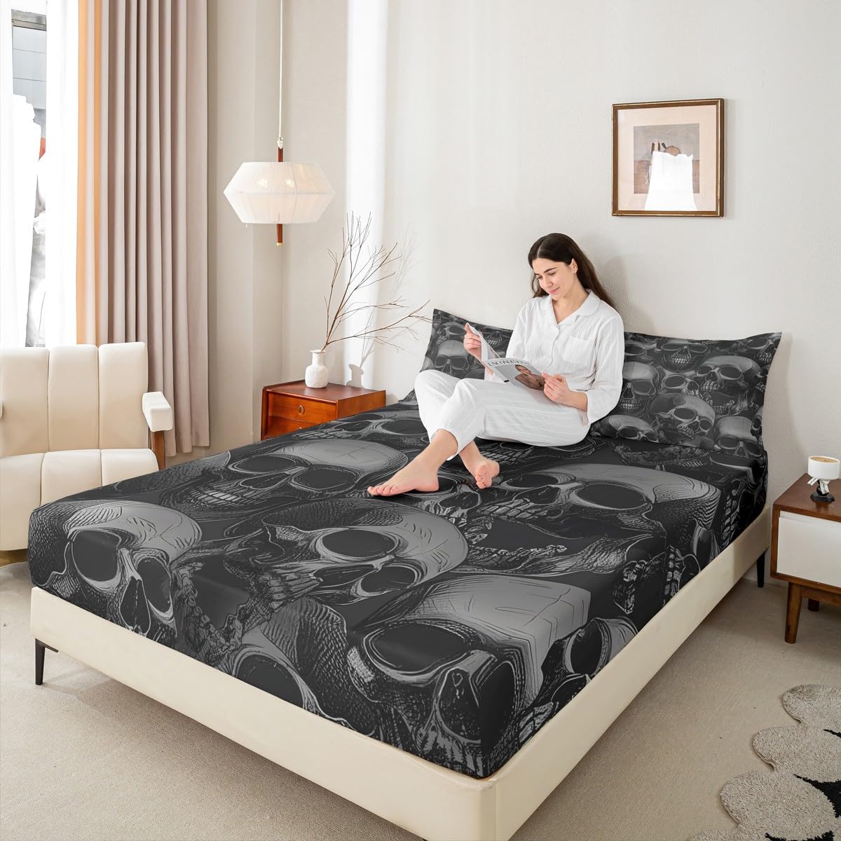 Skull Print Bed Sheet Set – Queen Size Black Skeleton Design, Microfiber 4-Piece Set With Fitted & Flat Sheets
