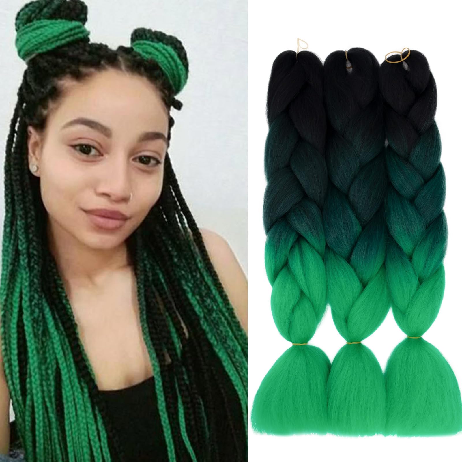 Gairyan Extension per Treccine Africane Extension Capelli Finti per Treccine Afro 60cm Ombre Kanekalon Treccia Capelli Sintetici Crochet Twist Jumbo Braids 3 Pezzi (Nero/Verde Scuro/Verde)