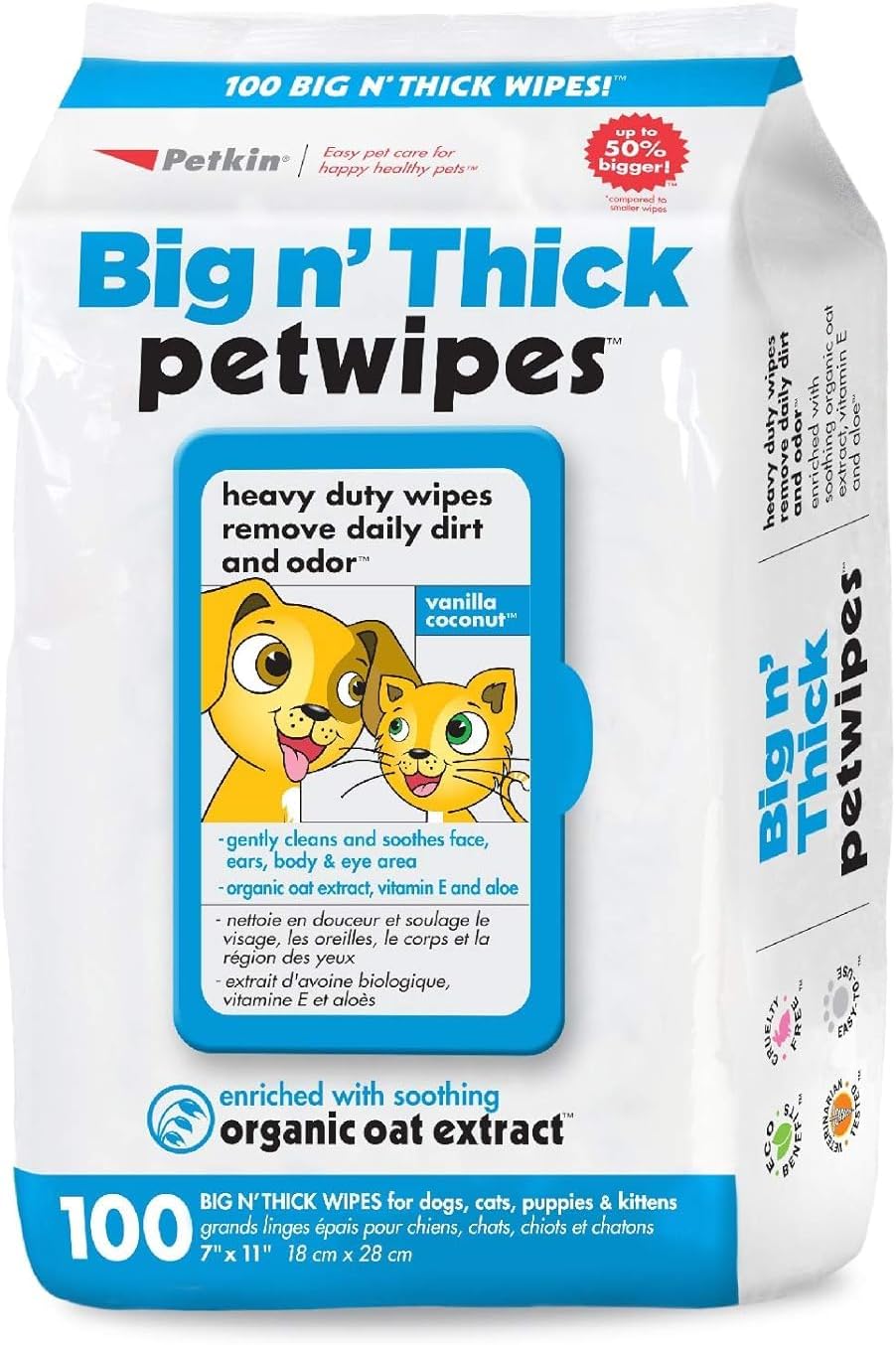Petkin Big n' Thick Pet Wipes/Grooming Wipes for Dogs and Cats, mild Fragrance, Gentle Cleansing Formula, 100 Wipes | Big N Thick Pet Wipes