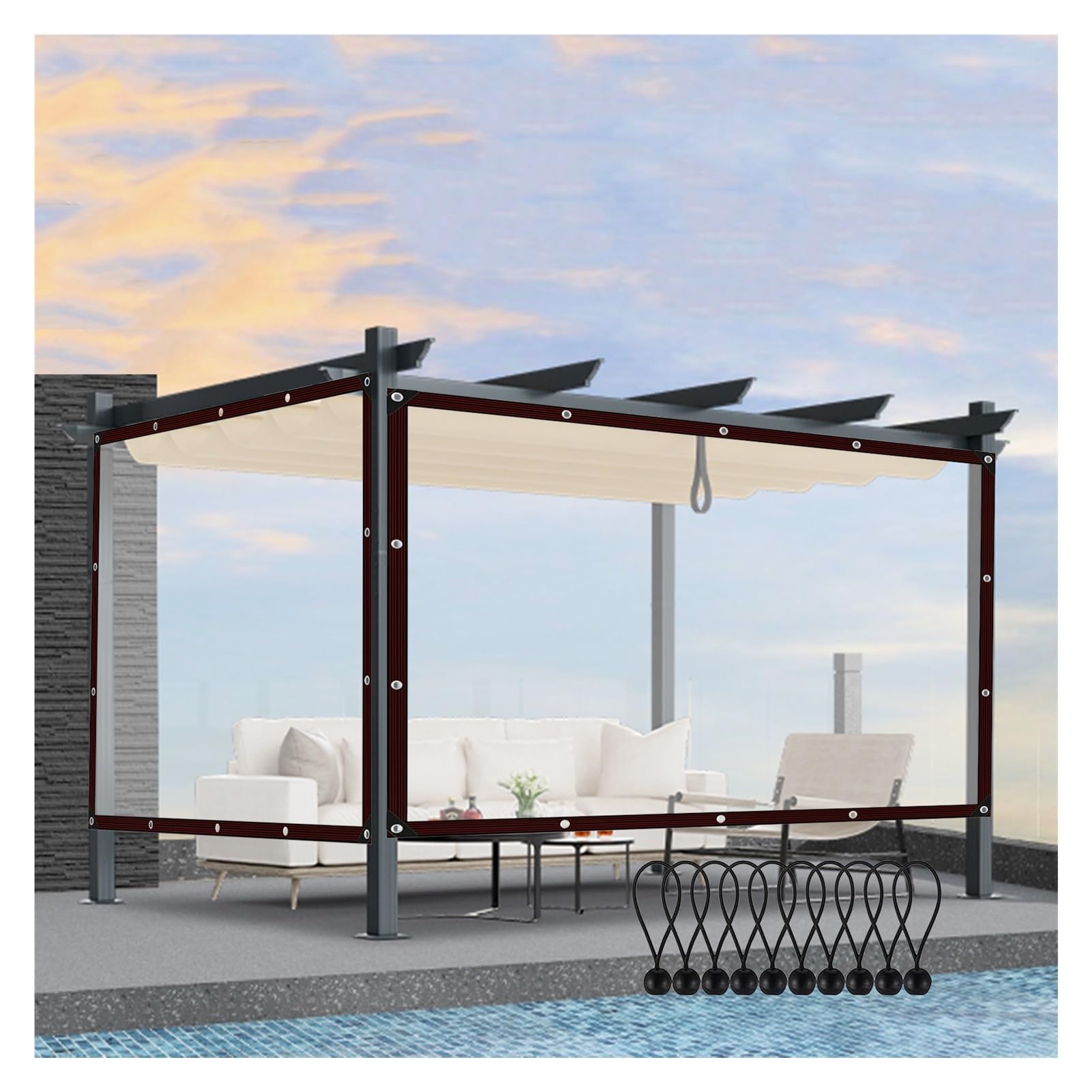 Lona impermeable transparente para exteriores, cubierta PE con ojales para pérgolas de 4x1,5m
