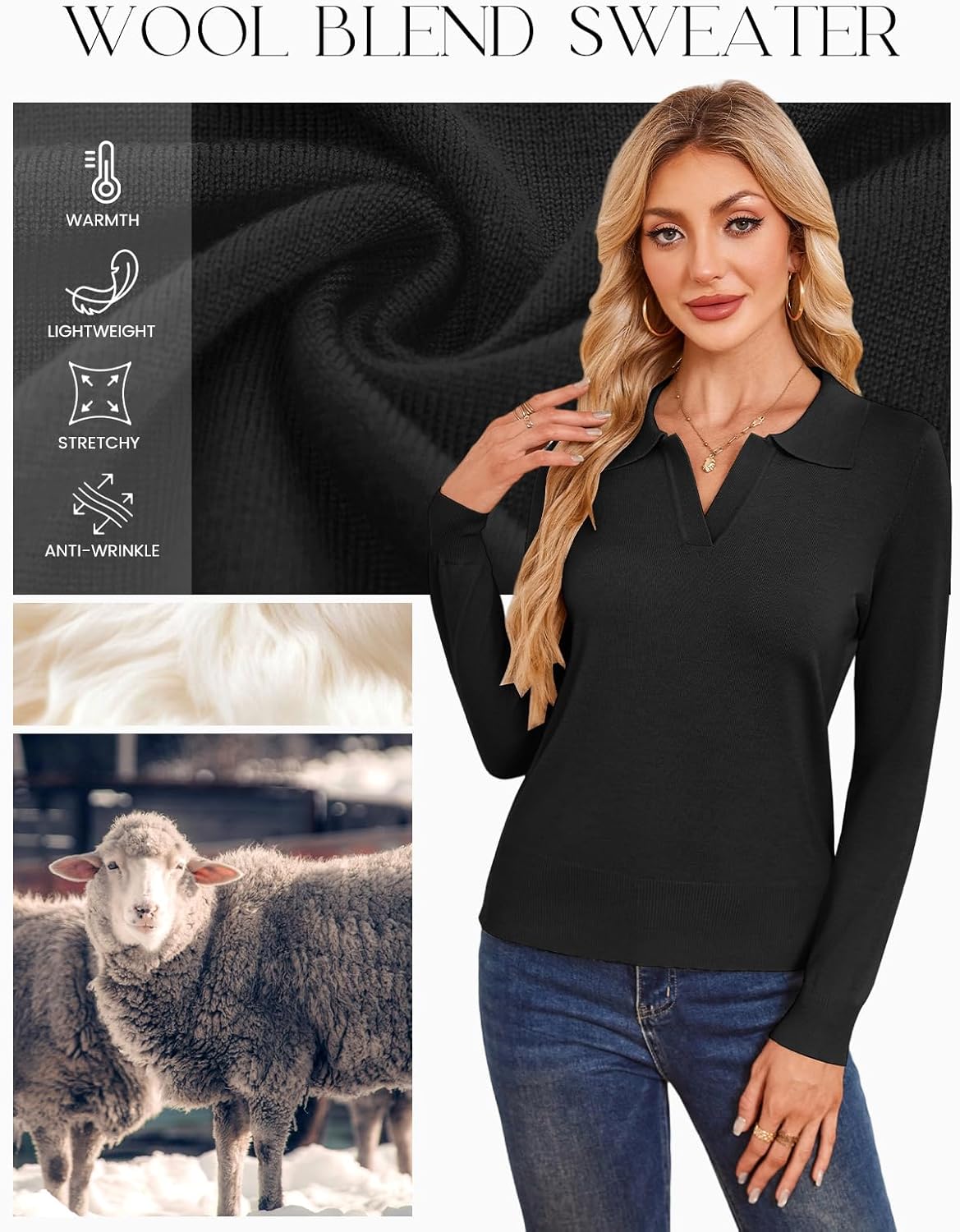 Kate Kasin 2026 Women's Wool Blend Sweaters, Long Sleeve Polo Shirts, V Neck Knitted Fall Tops - Image 8