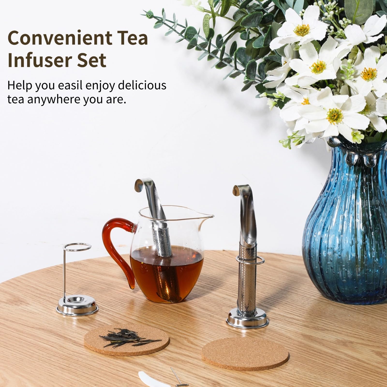 Tee-Ei aus Edelstahl, feinmaschiges Tee-Ei für losen Tee, Tee-Ei, Set mit langem Griff, Teefilter mit Haken, Edelstahl-Teesieb mit 6 Diffusorhaltern, 2 Pinseln, 6 Stück
