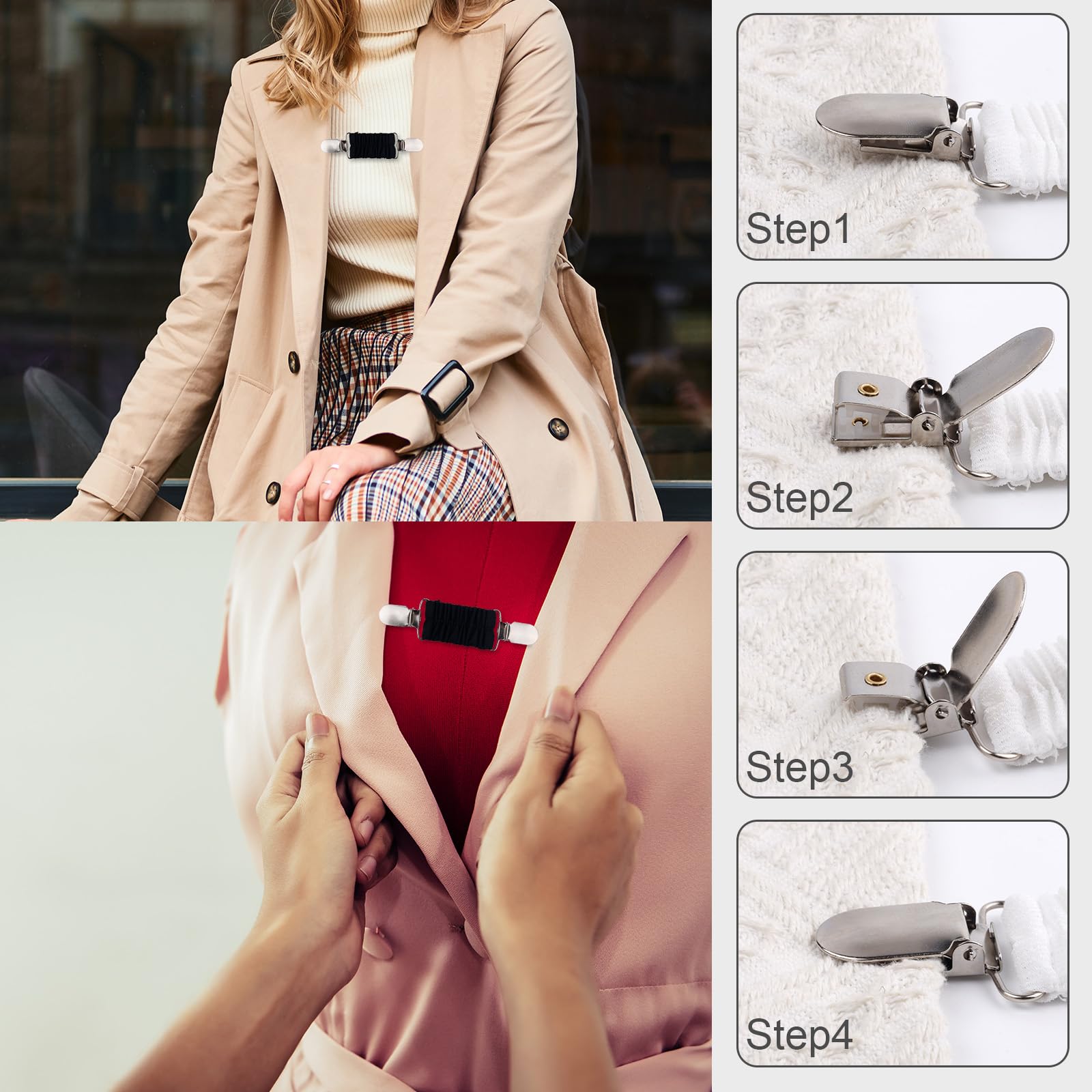 Mikovivi 4uds Pinzas para Vestido con Cincha Trasera, Cinturilla Elástica Ajustable de Poliéster con Clips para Mujer Que Ajusta la Ropa Vestidos y Suéteres Shawls (4 Colores)
