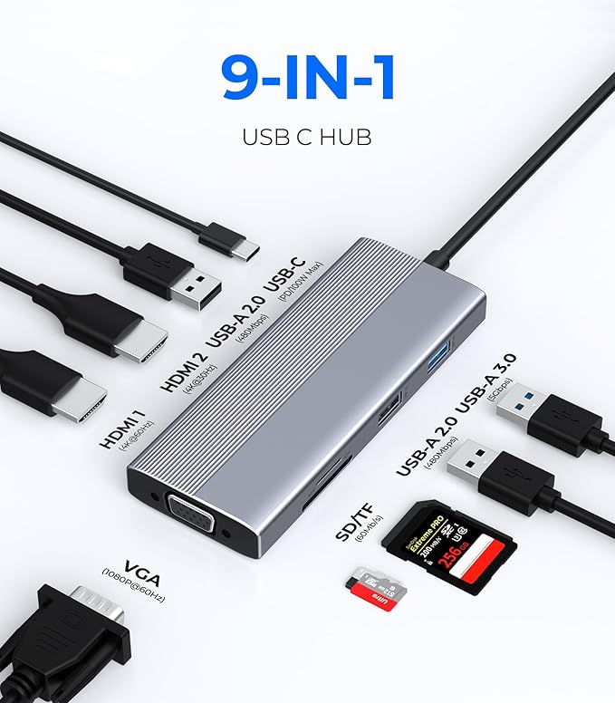 Hub USB C GIISSMO 9 en 1 con 3 Monitores HDMI VGA y Carga 100W PD miniatura 2
