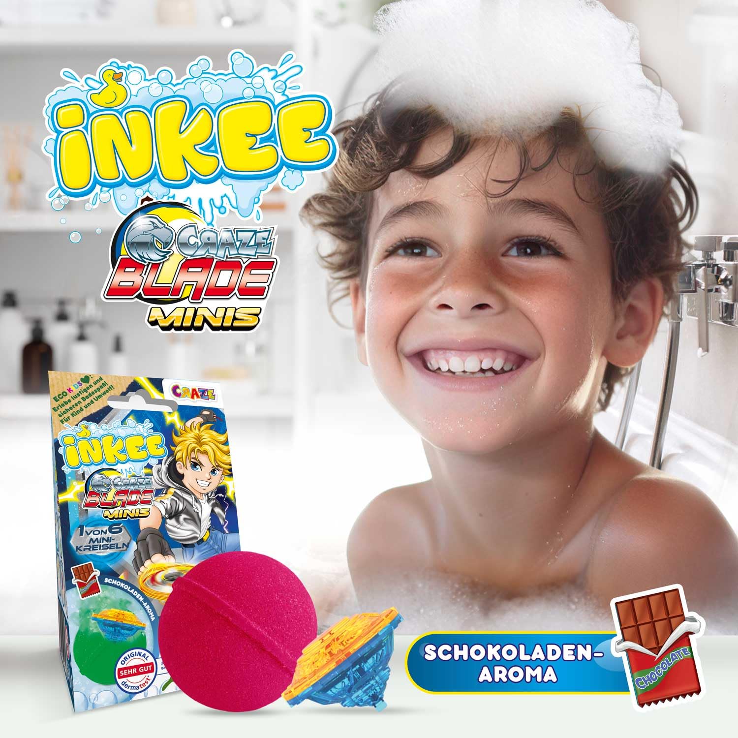 INKEE Surprise Blade Bączek Bojowy – Bomba do Kąpieli dla Dzieci z Niespodzianką – 1 z 6 Mini Bączków BLADE – Kula do Kąpieli 100g z Aromatem Czekolady i Masłem Kakaowym, Zielona lub Czerwona