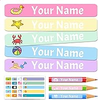 Vista 17 de Calcomanías de nombre para niños, 100 unidades, etiquetas personalizadas, impermeables, suministros escolares, etiquetas con nombre para botellas