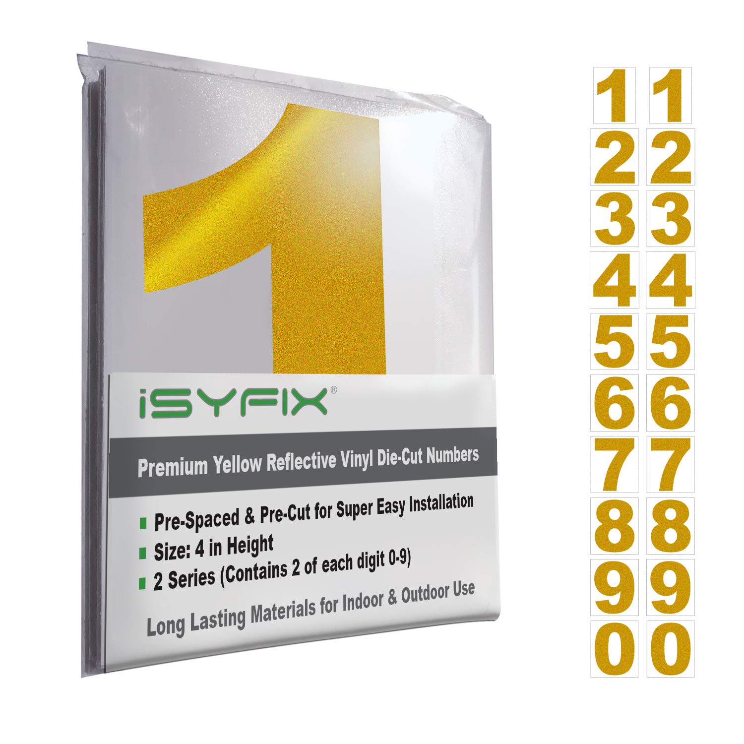iSYFIX Reflective Yellow Vinyl Numbers Stickers – 4 Inch Self Adhesive (2 Sets)- Premium Decal Die Cut and Pre-Spaced for Mailbox, Signs, Window, Door