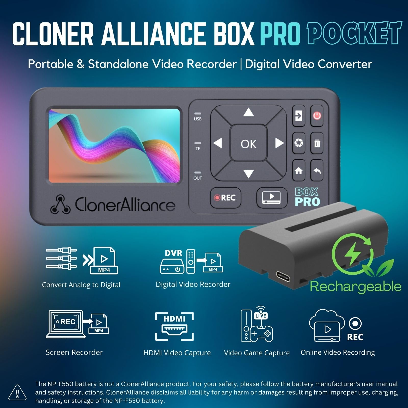 ClonerAlliance Box Pro Pocket Enregistreur vidéo portable 1080p60fps convertisseur écran intégré batterie HDMI RCA YPbPr VGA