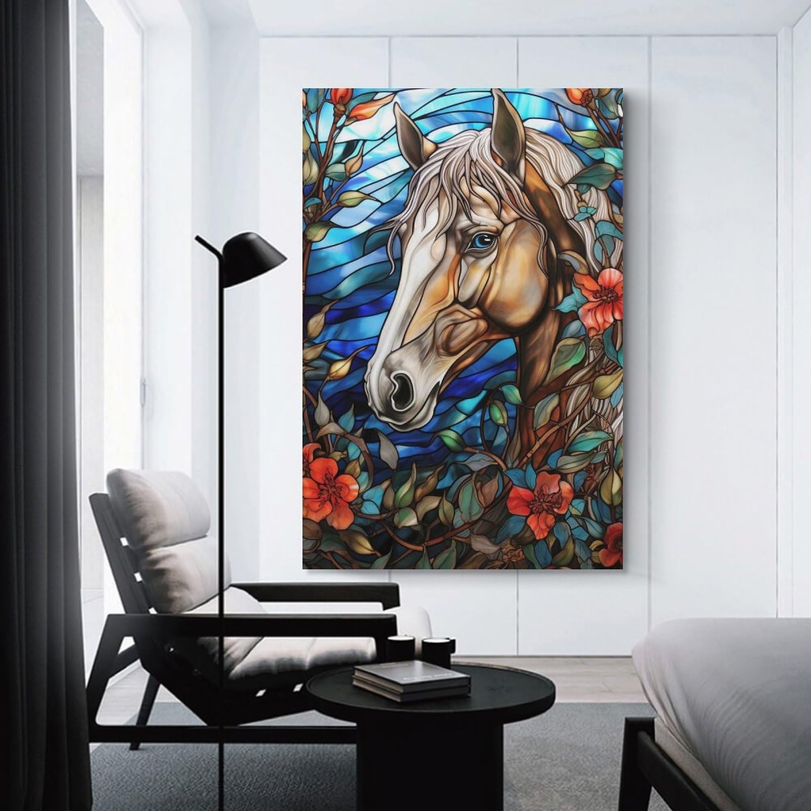 Junmoney Stained Glass Horse Portrait with Flowers Hanging Wall Art, 08x12inch(20x30cm), for New Homes, Bedrooms Or Workspaces, Thoughtful Wall Decor for Art Lovers