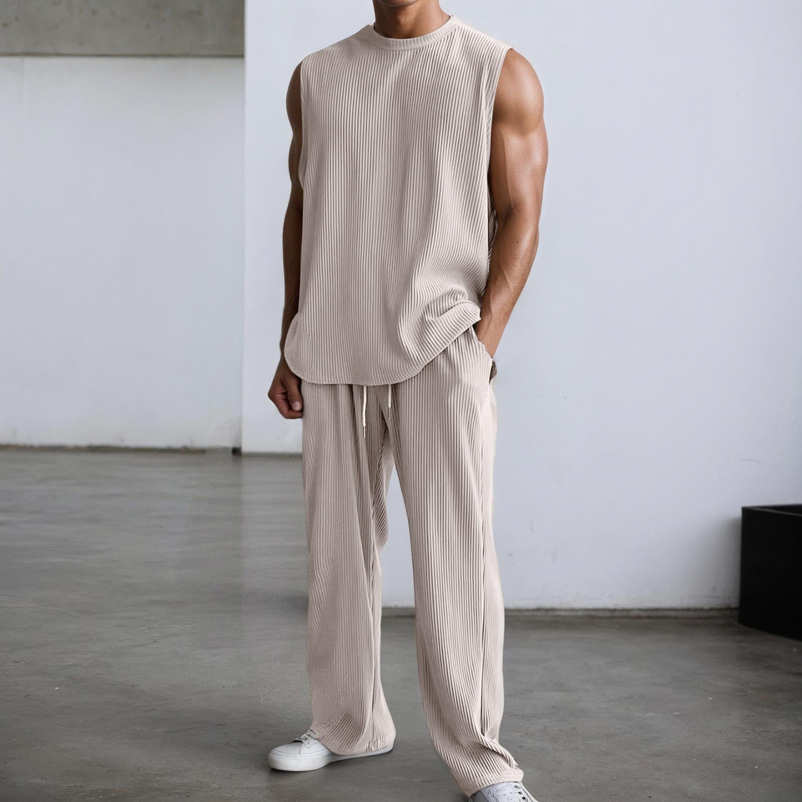 Ensemble Homme Chic 2 Pièces avec Debardeur Jacquard Uni + Pantalon Survetement Taille Elastique Ensembles de Pyjama Ete Grande Taille Tee Shirt sans Manche Oversize + Pantalons de Sport Décontracté
