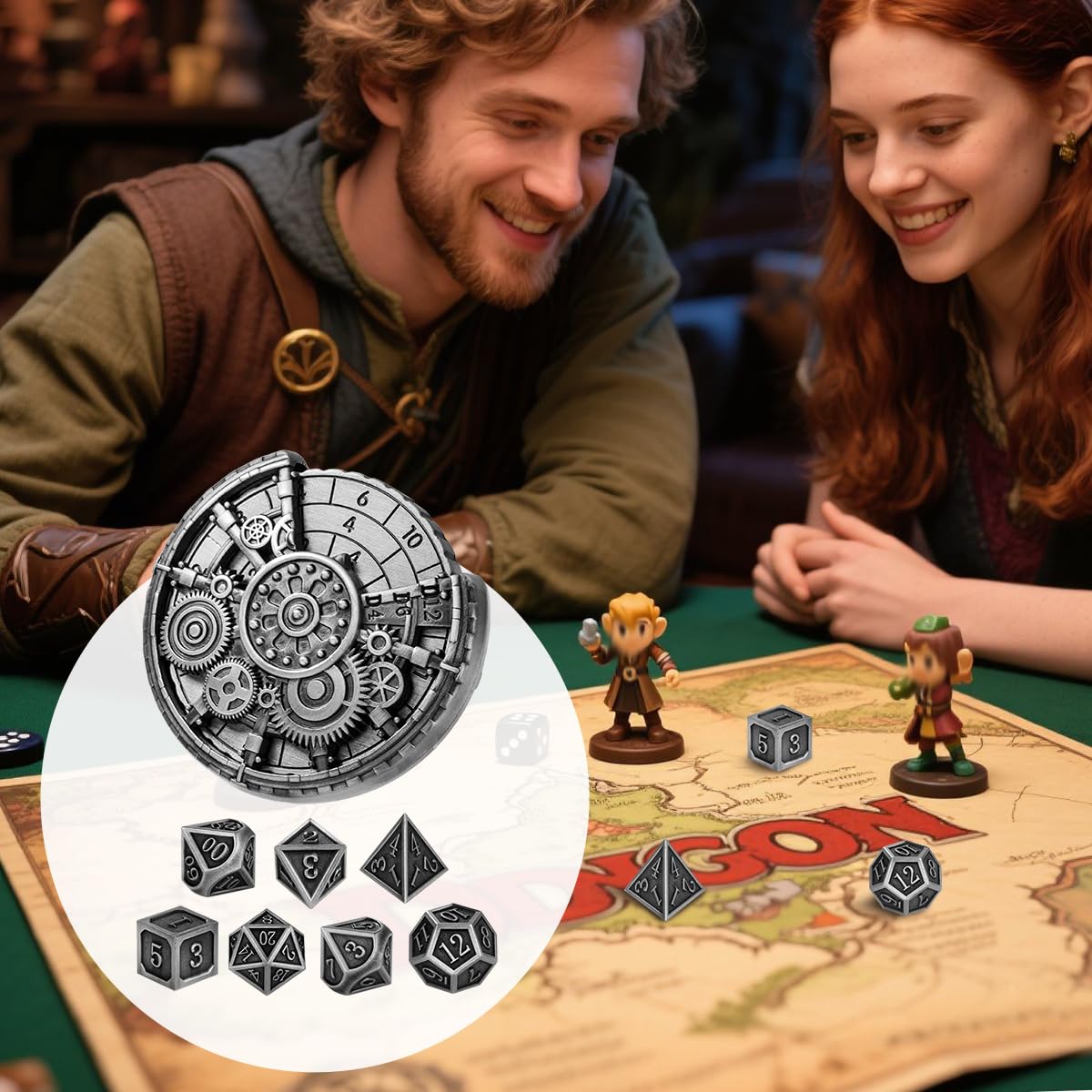 Set di Roulette Dadi in Metallo D&D, 6-in-1 Dado Ingranaggio Spinner + 7 Dadi Poliedrici in Metallo DND, Regalo D&D con Scatola Regalo, Giochi da Tavolo, Accessori per Giochi di Ruolo, Argento Scuro