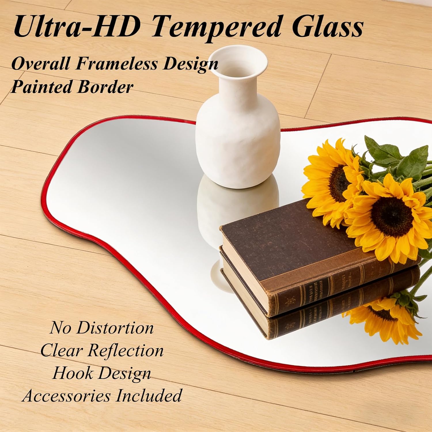 Irregular Tempered Glass Mirror, 35.8"x17.7" Red Asymmetrical Wall Mirror, Modern Abstract Frameless Mirrors for Living Room Bathroom Bedroom Entryway, Horizontal or Vertical Hanging