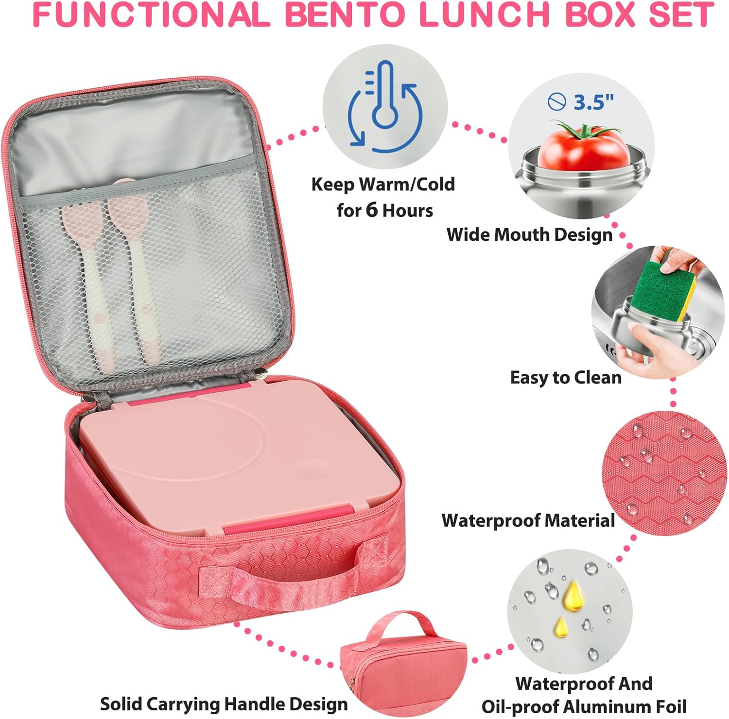Bento Lunch Box Set for Kids with 8oz Soup Thermo, Leak-Proof Lunch Containers with 4 Compartment, Kids Thermo Hot Food Jar and Insulated Lunch Bag for Kid to School-Pink - Image 4