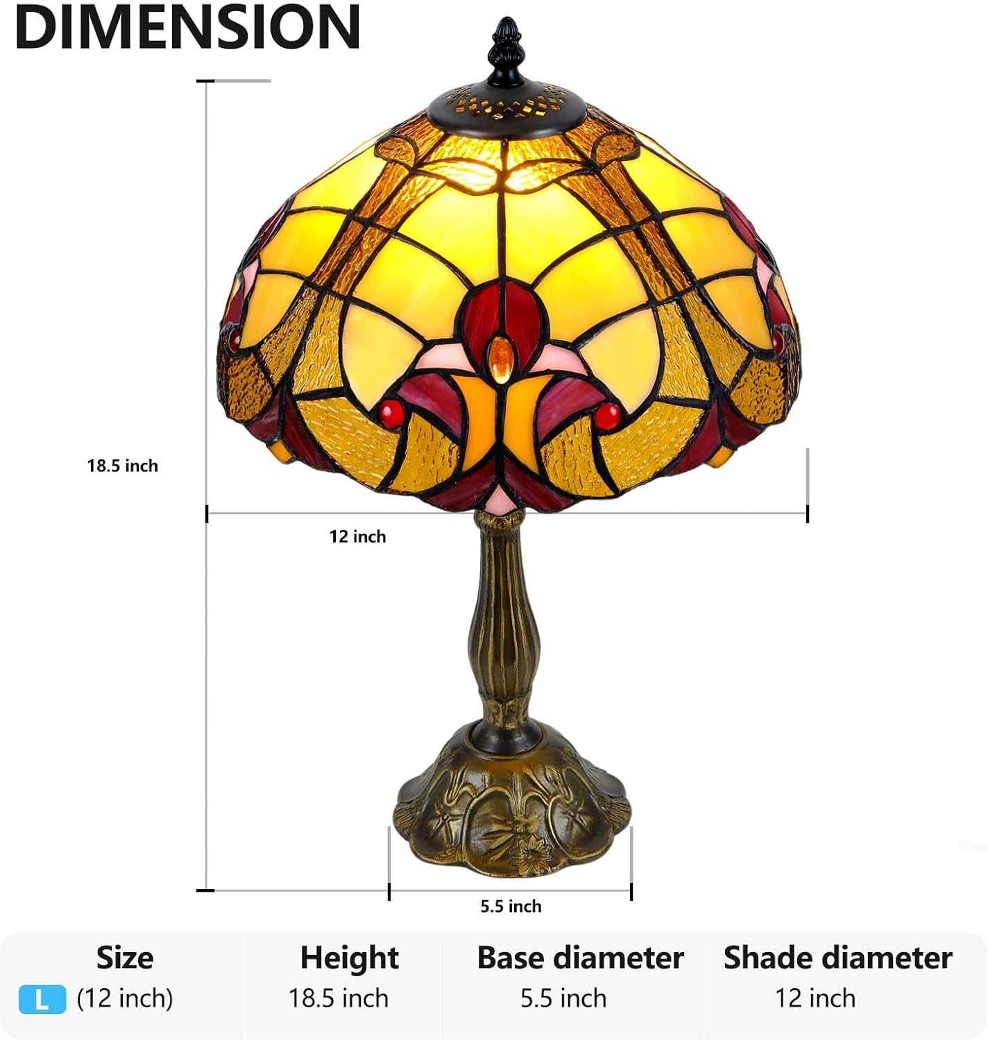 Luxury 12" Handmade Tiffany Style Table Lamp, Baroque Stained Glass Lamp for Bedroom, Living Room, Office, or Study – Easy Assembly, Includes 9W LED Bulb, Heavy Stable Base