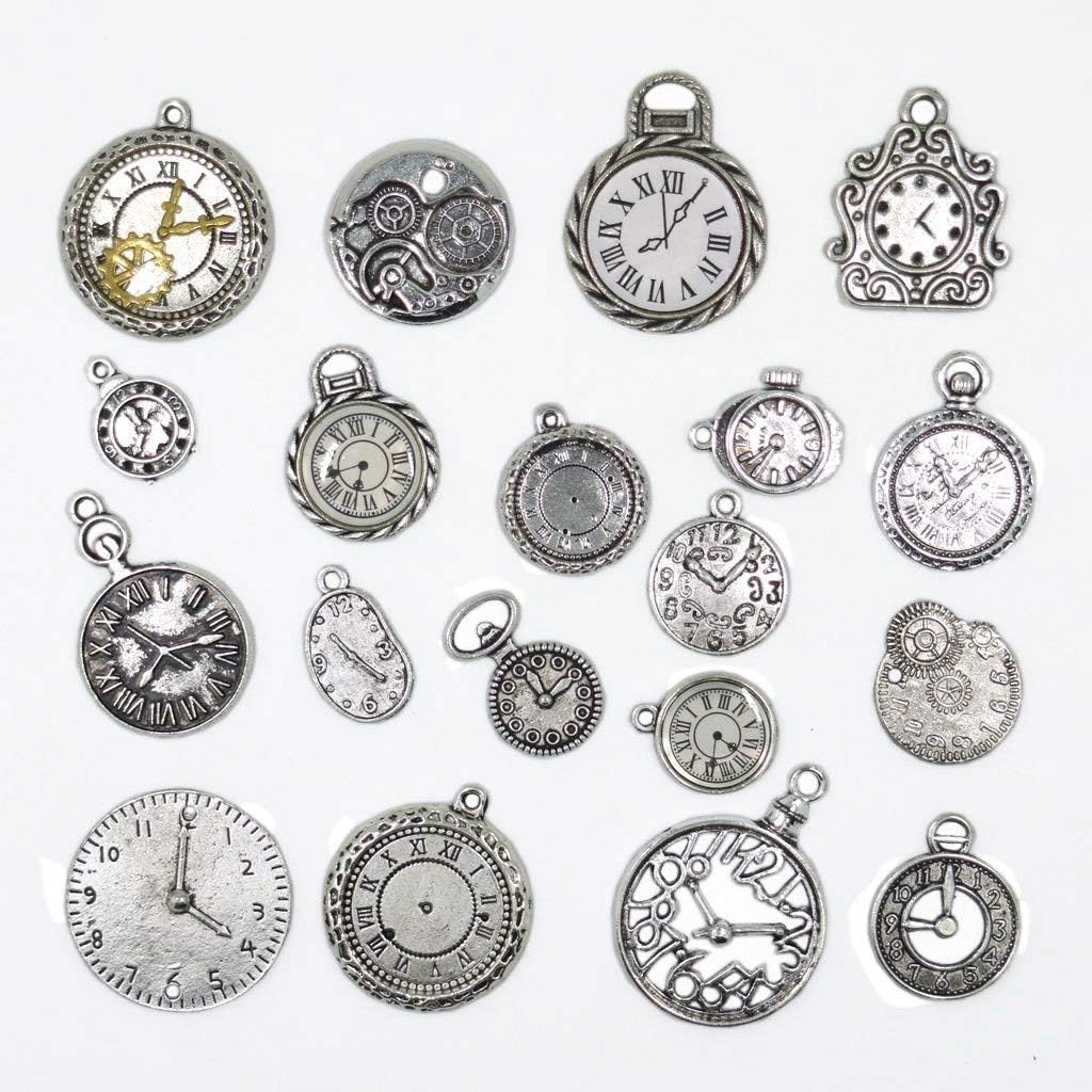 lisafinding 20pcs Mixed Antiqued Silver Charms Clock Face Charm Pendant, DIY Crafts, Gears, Jewelry Making, Steampunk Pendants