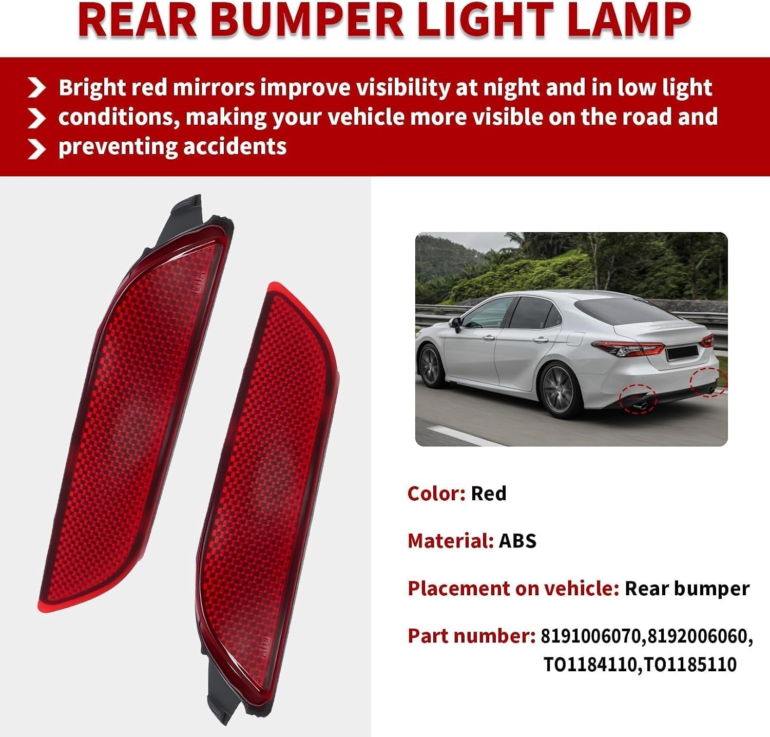 Nakkaa Left and Right Red Rear Bumper Reflector Light Lamp Compatible with Camry 2018-2021 8191006070 8192006060