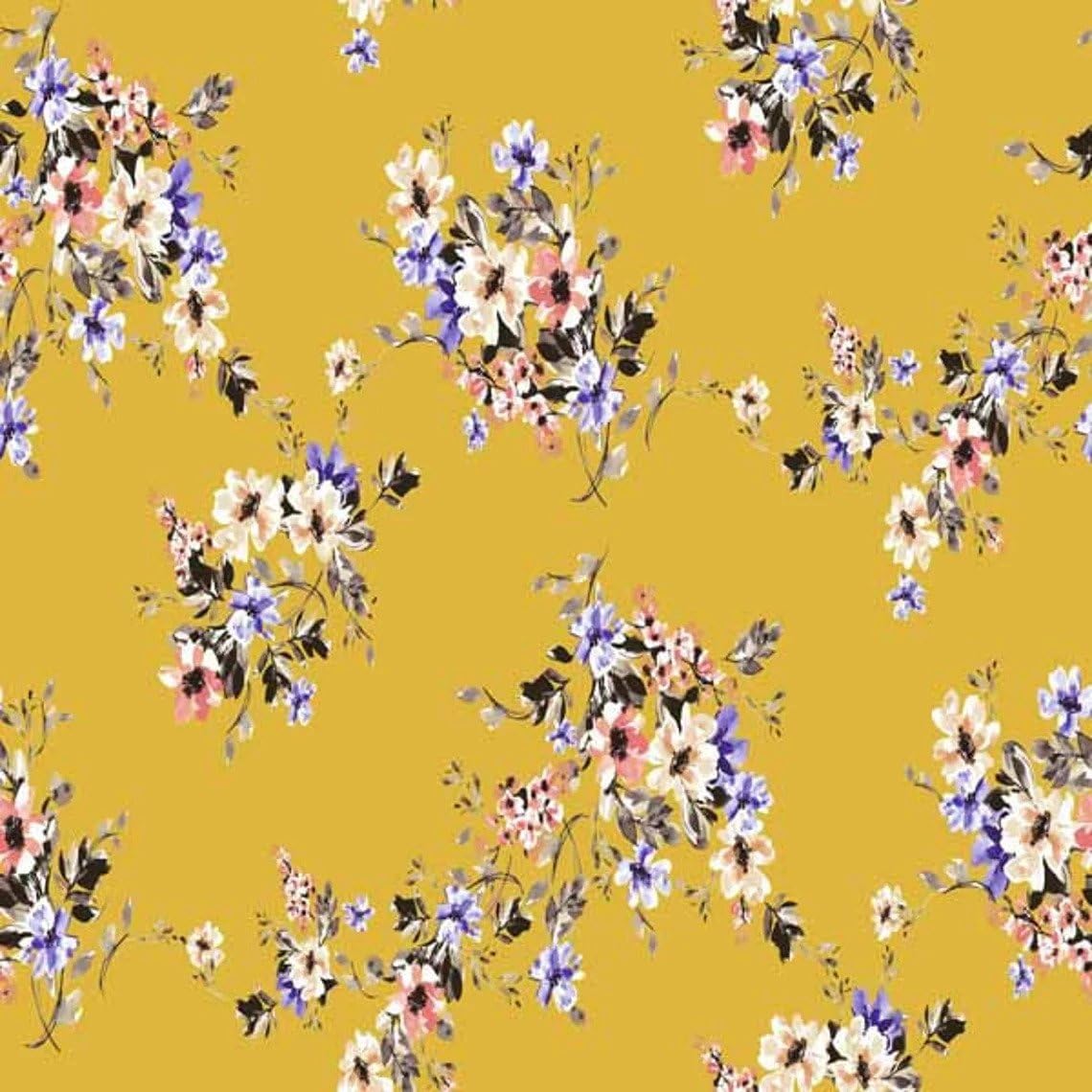 Stylish FABRIC Floral Pattern Printed on Poly Rayon French Terry, 2-Way Stretch, Apparel Fabric, Home and DIY Projects, Spicy-Mustard-Blue-IRIS 1 Yard
