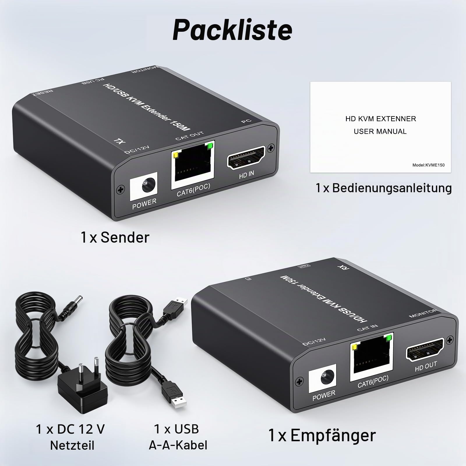 HDMI USB KVM Extender, KVM USB HDMI Extender over CAT6 / CAT5e up to 150M, Lossless Latency, Plug and Play, 1080P@60Hz, Loop Out, POE, Mouse and Keyboard Remote Control PC