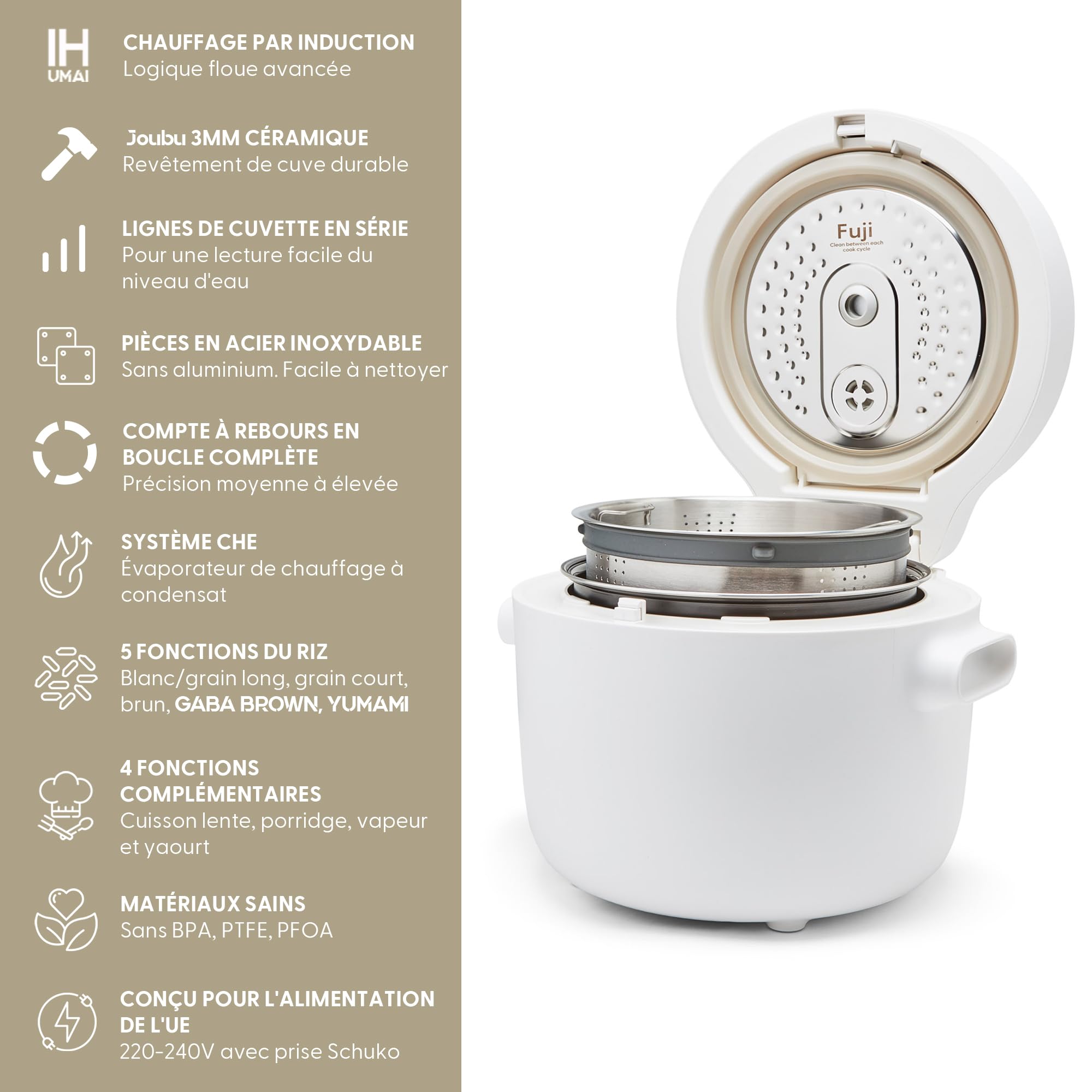 Yum Asia Fuji Cuiseur à riz avec chauffage par induction (IH) et bol en céramique (5 tasses, 1.0 litre), 7 fonctions de cuisson du riz, 5 fonctions multicuiseur, affichage LED, 220-240V