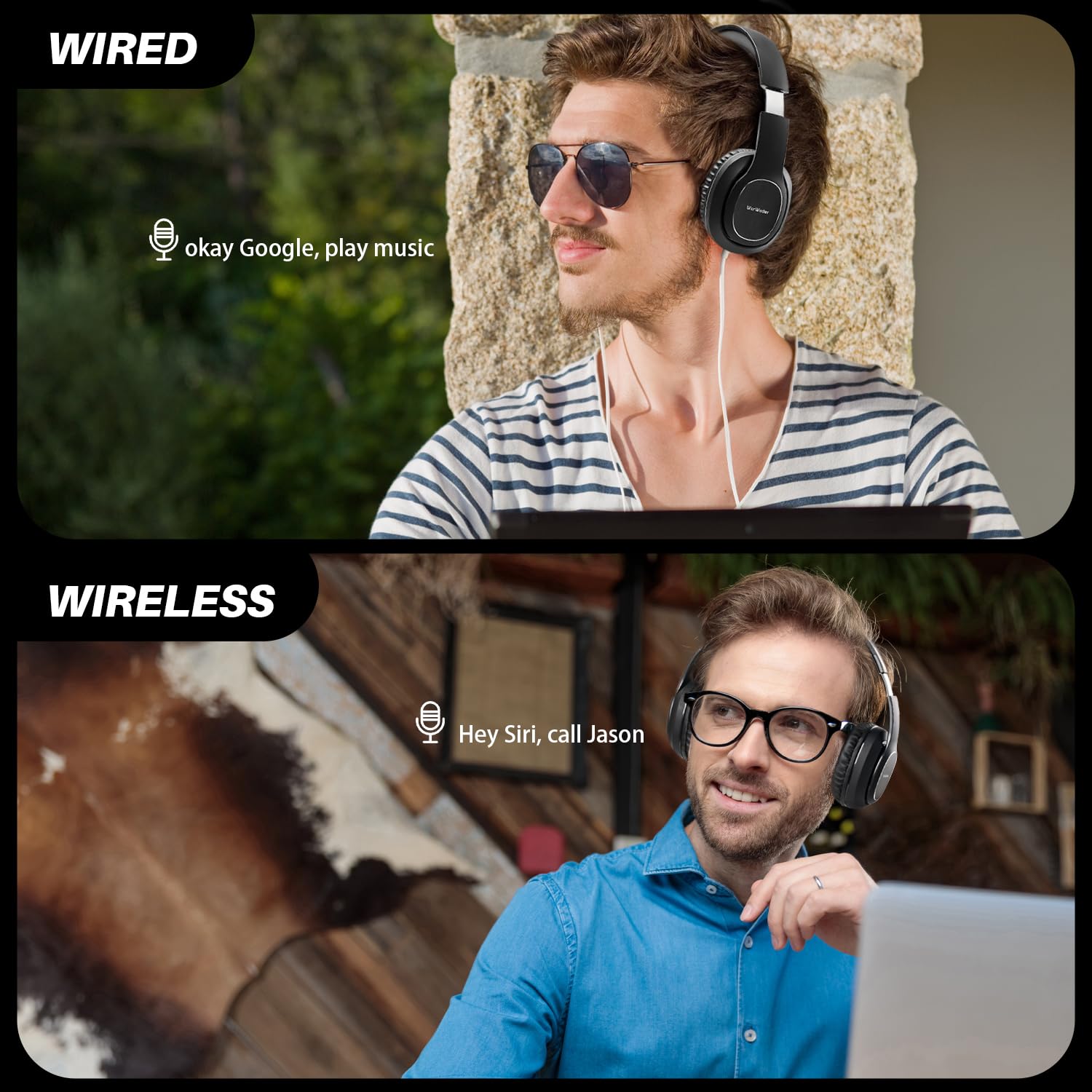 WorWoder Cuffietta senza fili da 80 ore, Bluetooth 5.0 wireless e cablata, audio stereo HiFi con microfono, cuffie leggere con bassi profondi per lavoro, viaggi di classe online (nero)