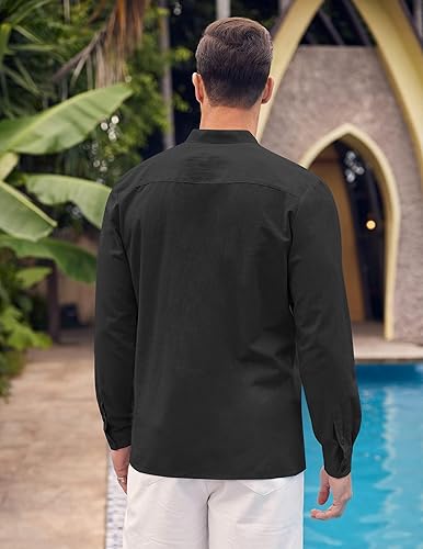 Vista 4 de COOFANDY Camisas de playa de manga larga para hombre, camisas de lino con botones y cuello mandarín, color negro, Negro