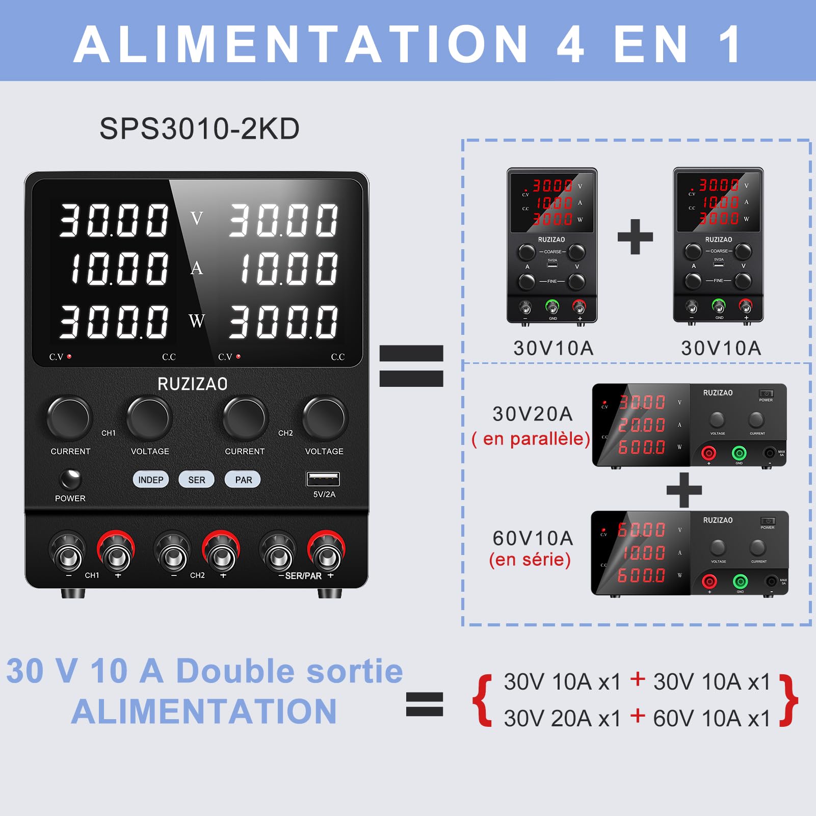 Alimentation de Laboratoire 30V 10A Série Parallèle Alimentation Réglable 60V10A 30V20A Encodeur DC Alimentation Réglable Double Sortie Alimentation de Laboratoire Réglable 4 en 1