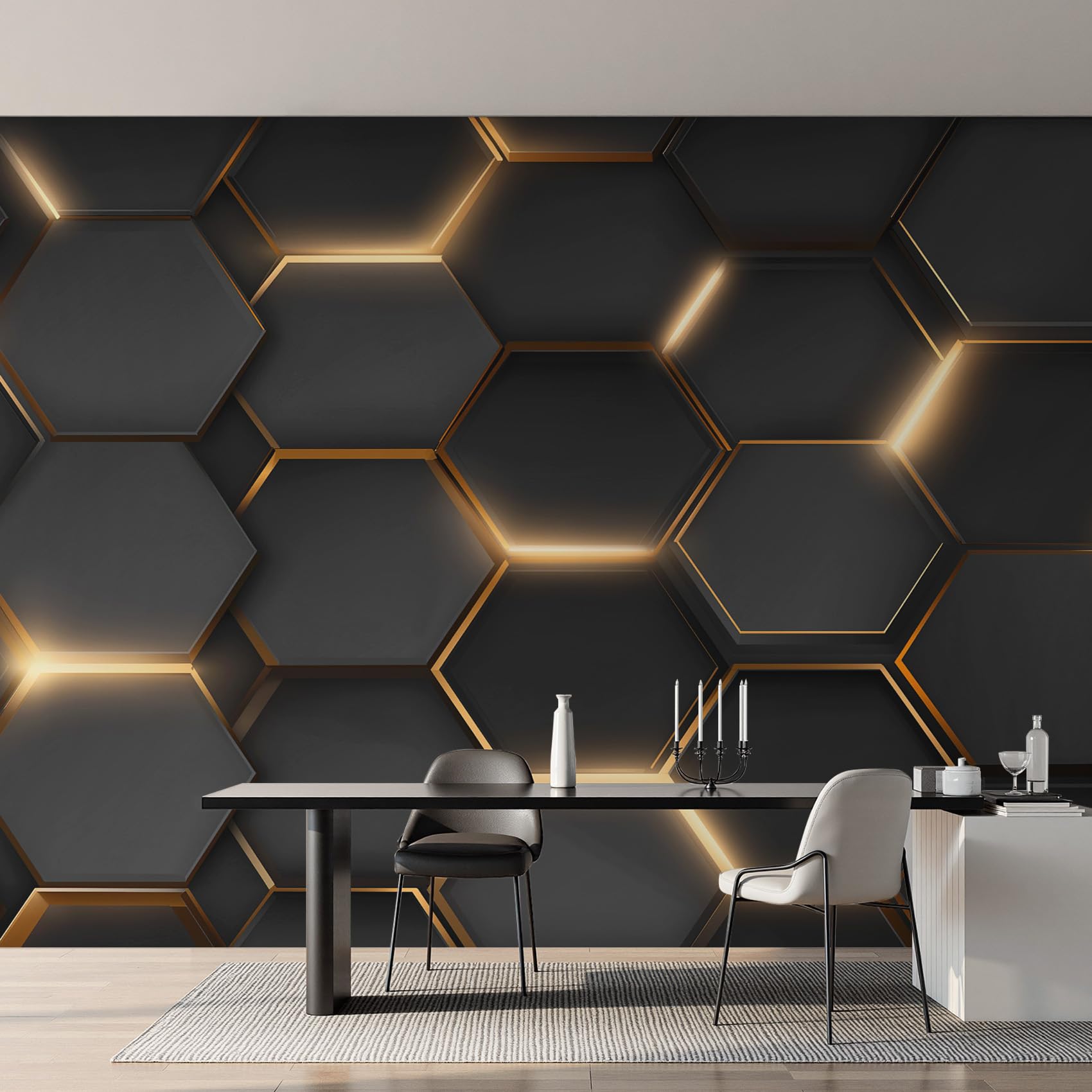 Générique Papier Peint Intissé Géométrique Noir et Or, Papier Peint Panoramique Hexagone Alvéolé Noir pour Salon Chambre Bureau Couloir, Décoration Murale, 350 x 256 cm (L x H) Y&W63