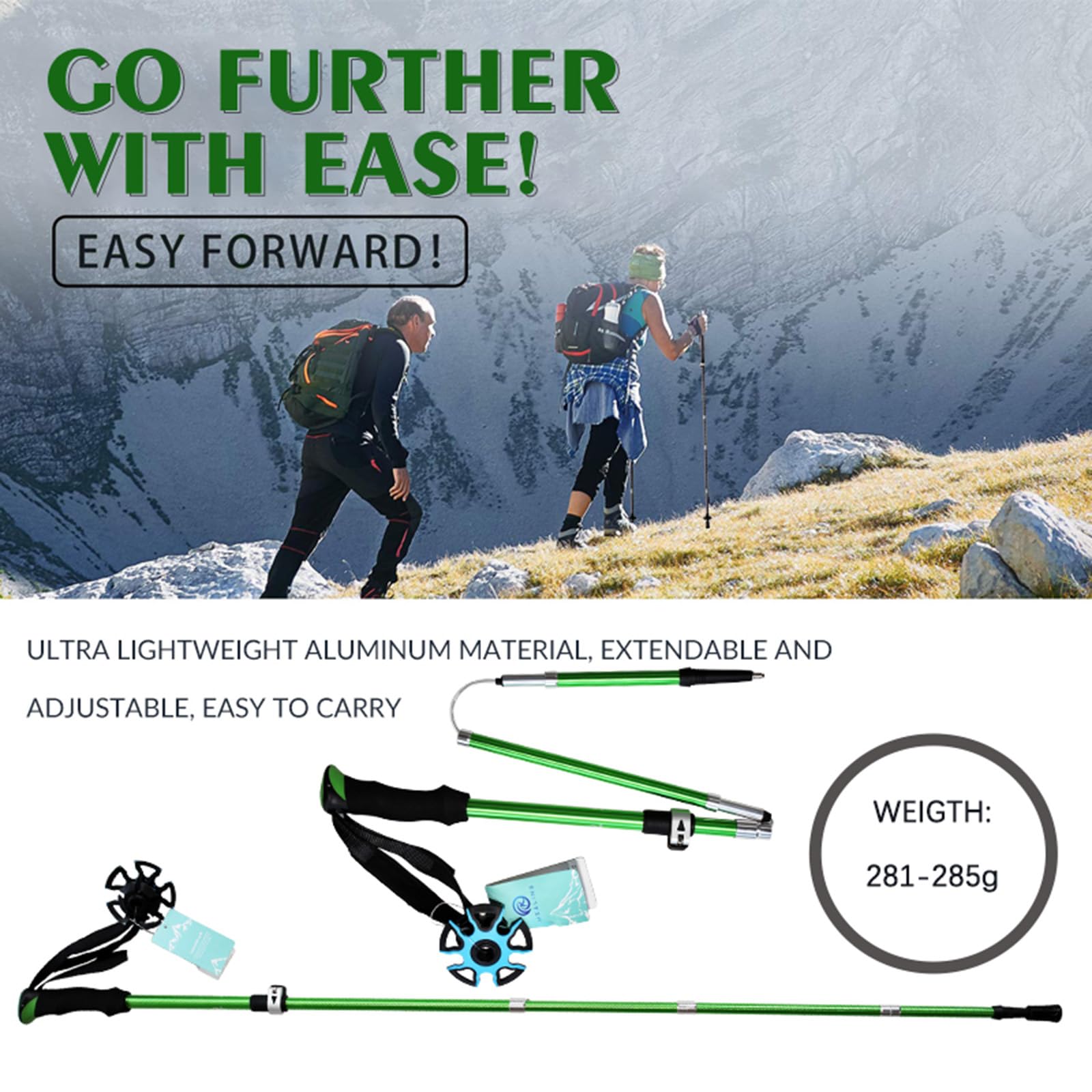 O kijki trekkingowe (2 ps), teleskopowe składane, kijki trekkingowe ze stopu aluminium, lekkie i trwałe, odpowiednie do wędrówek, wspinaczki (110-135 cm)