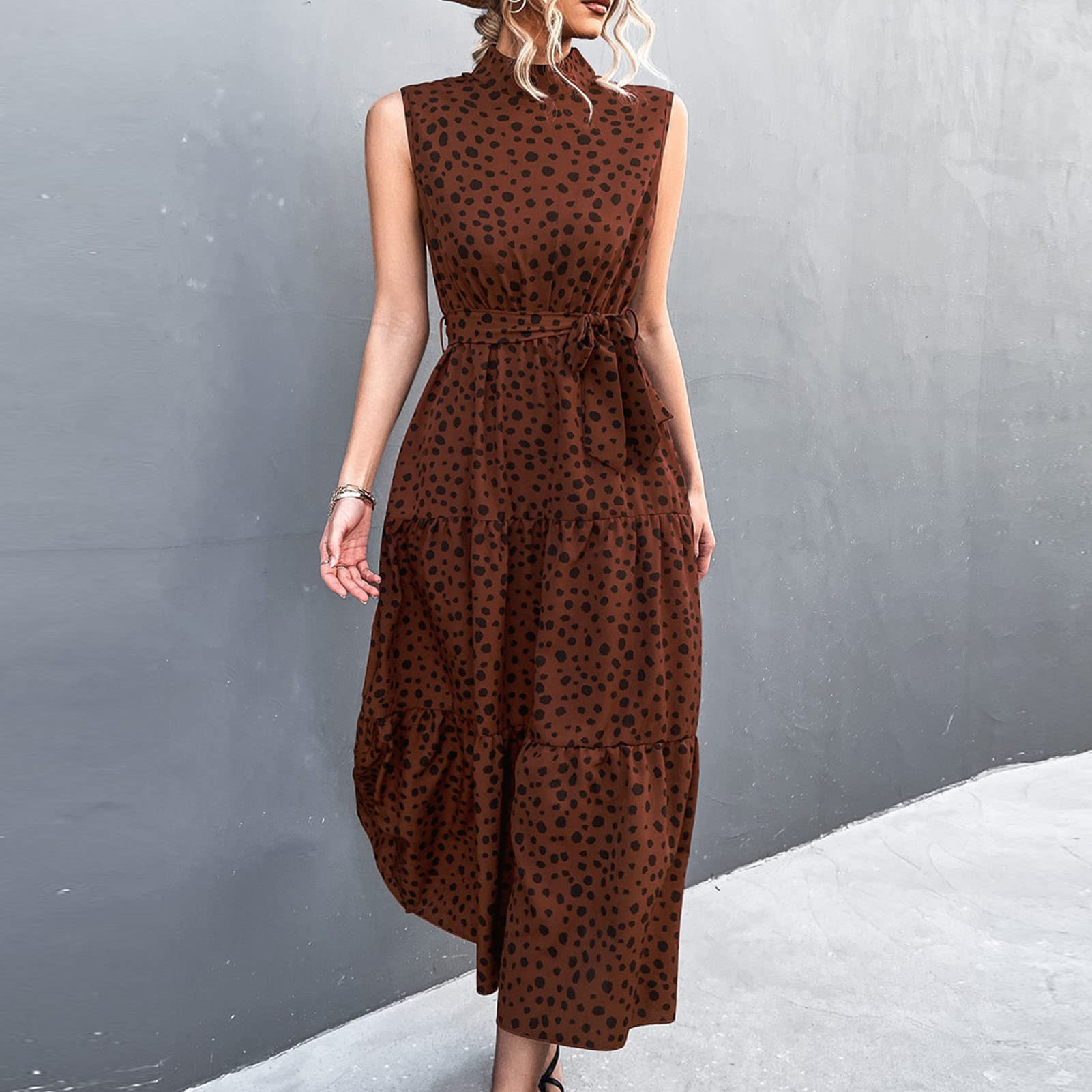 Abito con Stampa a Pois, Colletto in Basamento Senza Maniche con Cintura Abito Estivo Lungo da Donna Alta Abito Estivo Elegante Abito Lungo Collo Alto con Cintura per Feste,
