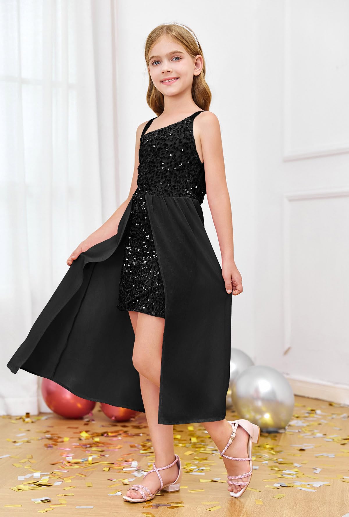 Haloumoning Vestito da bambina con paillettes, formale, scintillante, monospalla, per feste di fine anno, 4-14 anni