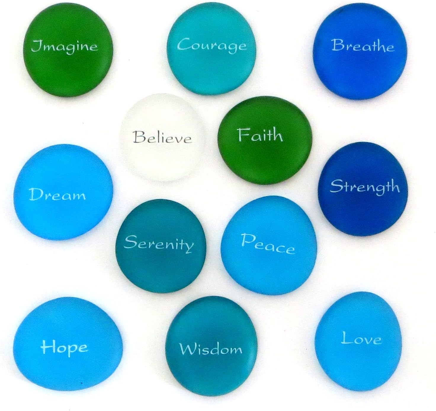 The Mermaid's Message, Frosted Inspirational Sea Glass Stones, Assorted, Twelve Empowering Words in Beach Colors, by Lifeforce Glass.