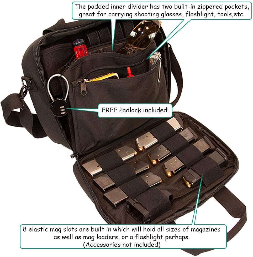 Pistol Case Range Bag for Handguns by FirstChoice - 2 to 4 Gun Padded Tactical Handgun Shooting Soft Case, Lockable Zippers w/Padlock, 3 Mini-Holsters, 8 Mag Slots, 4 Pockets, Range Mat (Black) : Sports & Outdoors