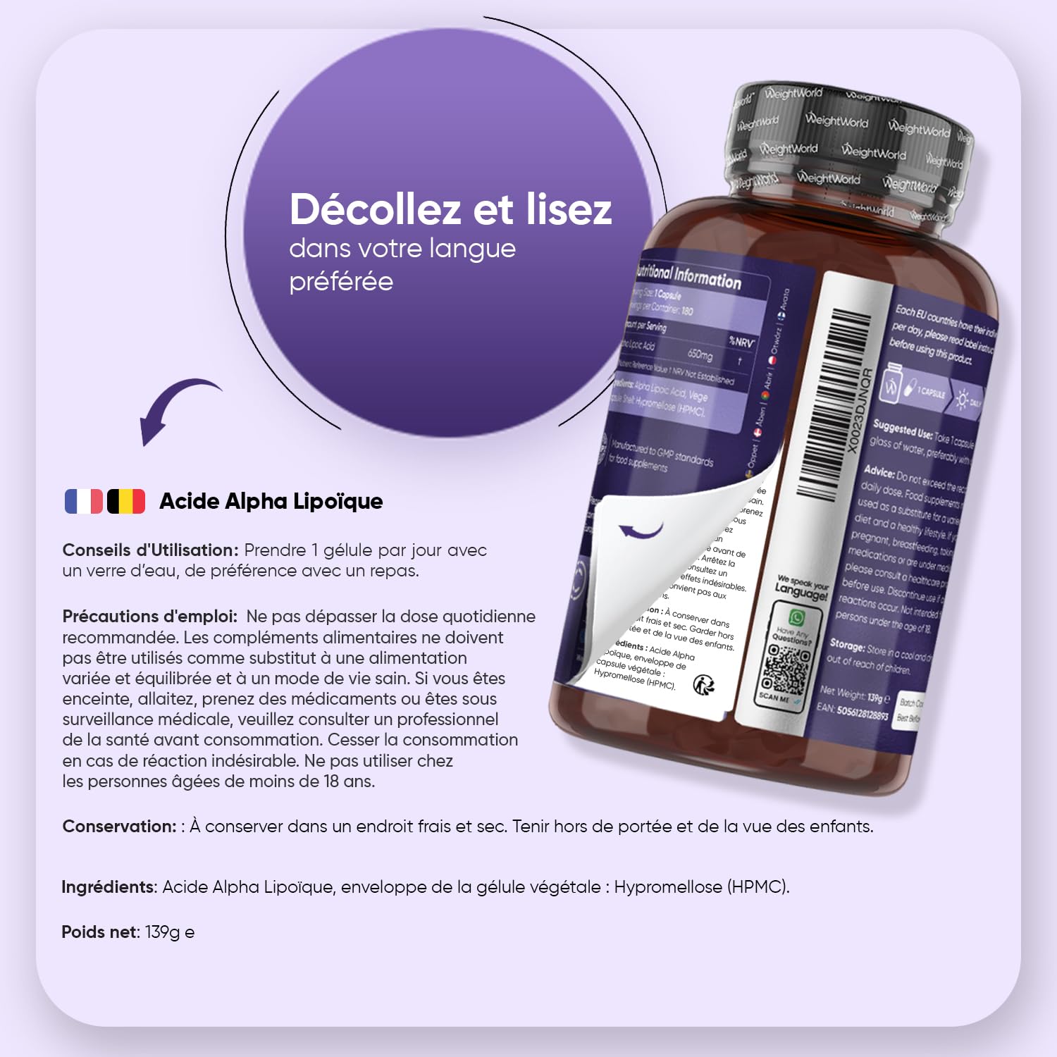 Acide Alpha-Lipoïque Pur ALA 650mg - 180 Gélules Vegan AAL (pour 6 Mois)