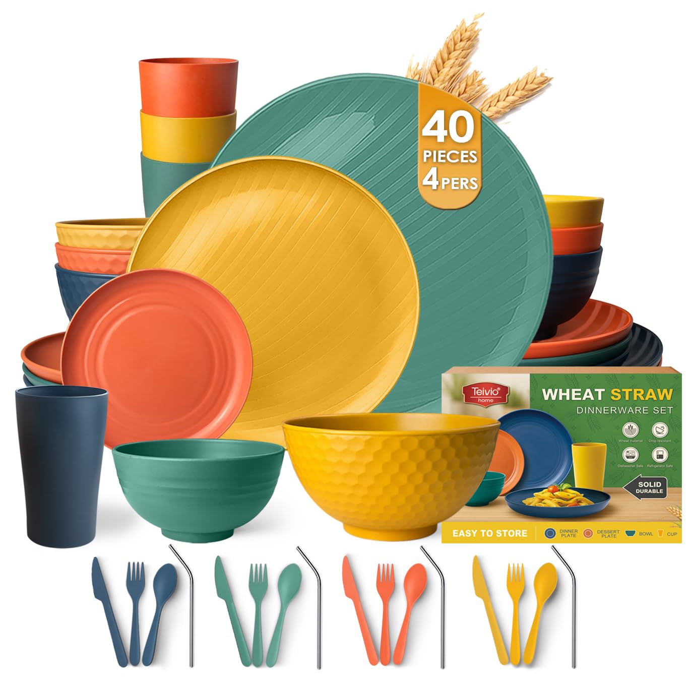 Amazon.com: Teivio 40-Piece Kitchen Plastic Wheat Straw Dinnerware