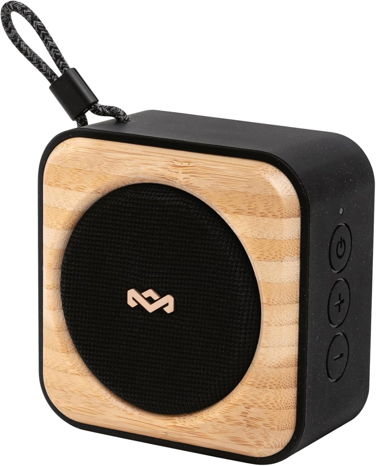 House of Marley Roots Bluetooth Speaker in Signature Black, front-angled view with bamboo accent and black speaker grille.