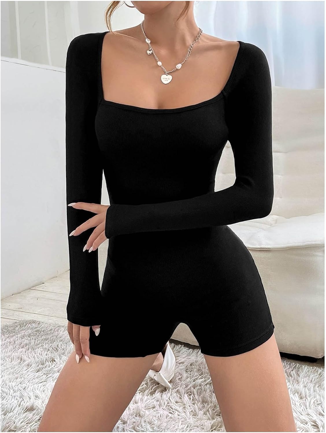 Verdusa Women's Square Neck Romper Long Sleeve Unitard Bodysuit Spring Outfits