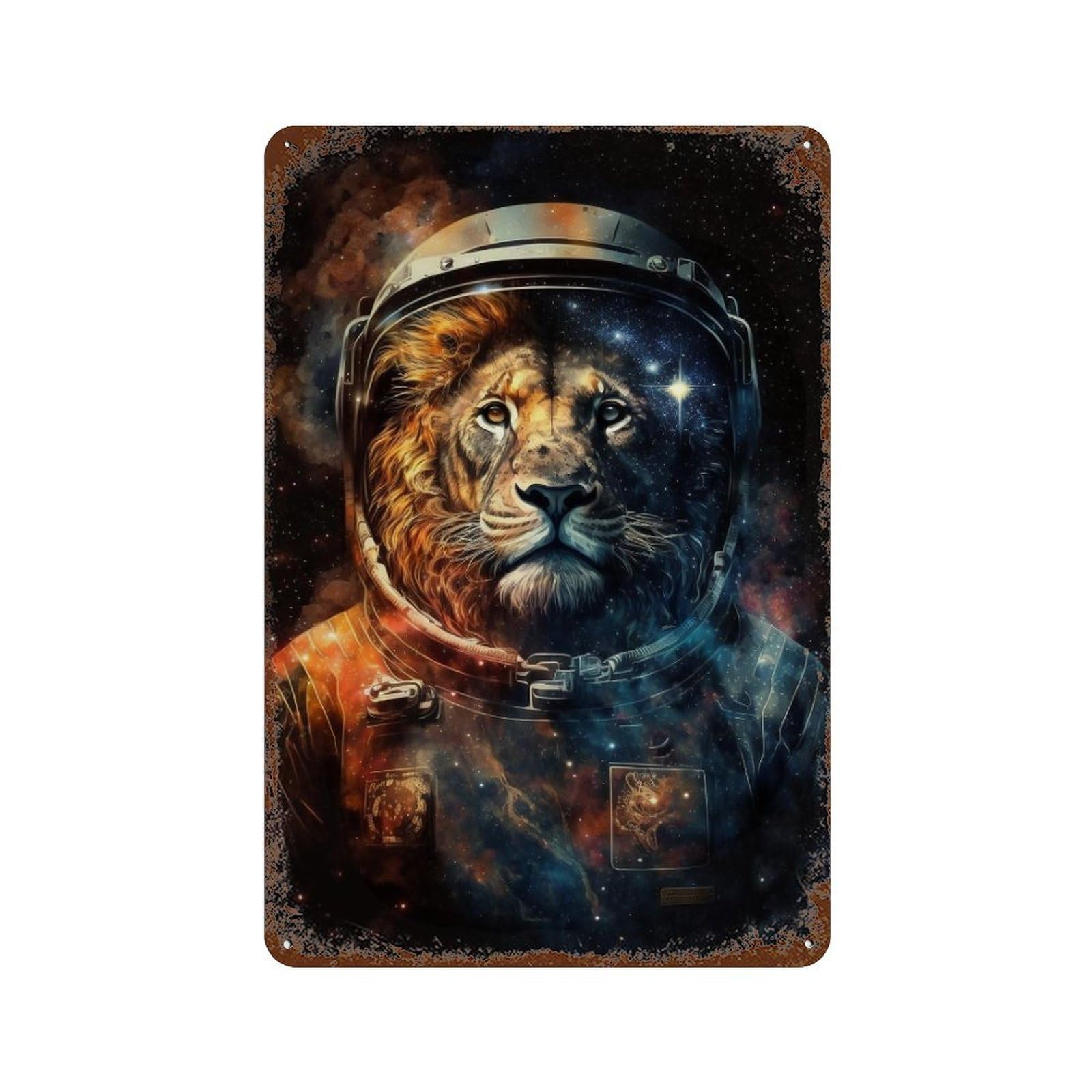 Vintage Rust Metal Sign Lion Astronaut in Space -6 11.8"x7.9", Vintage Wall Decor for Office, Studio And Wall Decor