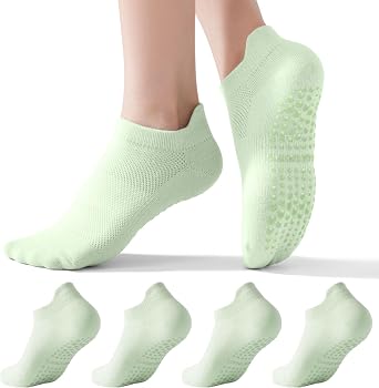 4 Pairs Pilates Socks with Grips for Women, Non-Slip Grip Yoga Athletic Socks for Barre Barefoot Workout