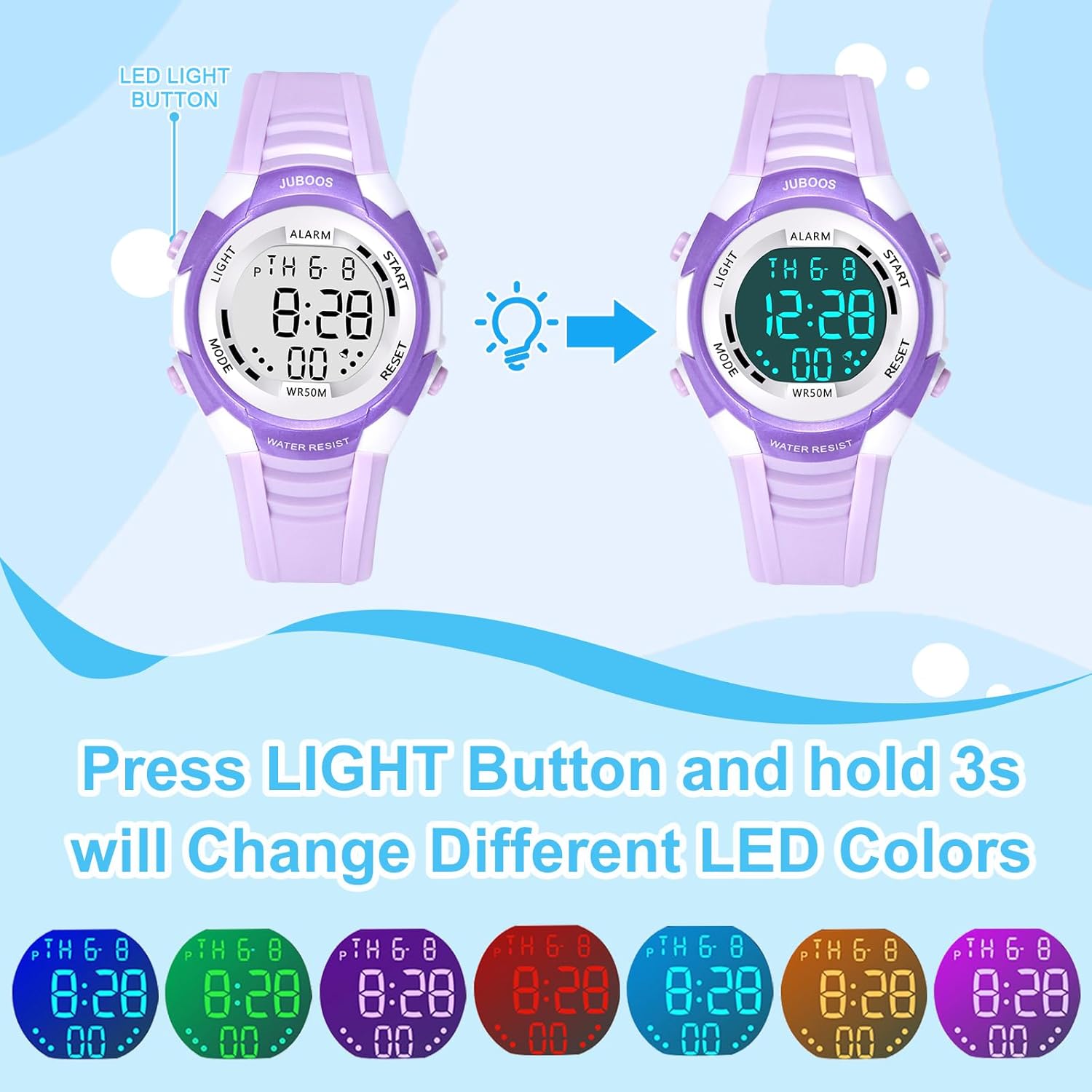 Diagram showing how to change LED light colors on the watch by pressing and holding the LIGHT button.