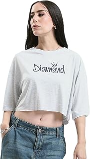 ريفين تي شيرت نسائي قصير مطبوع عليه "Diamond" مرقش رمادي فاتح عصري
