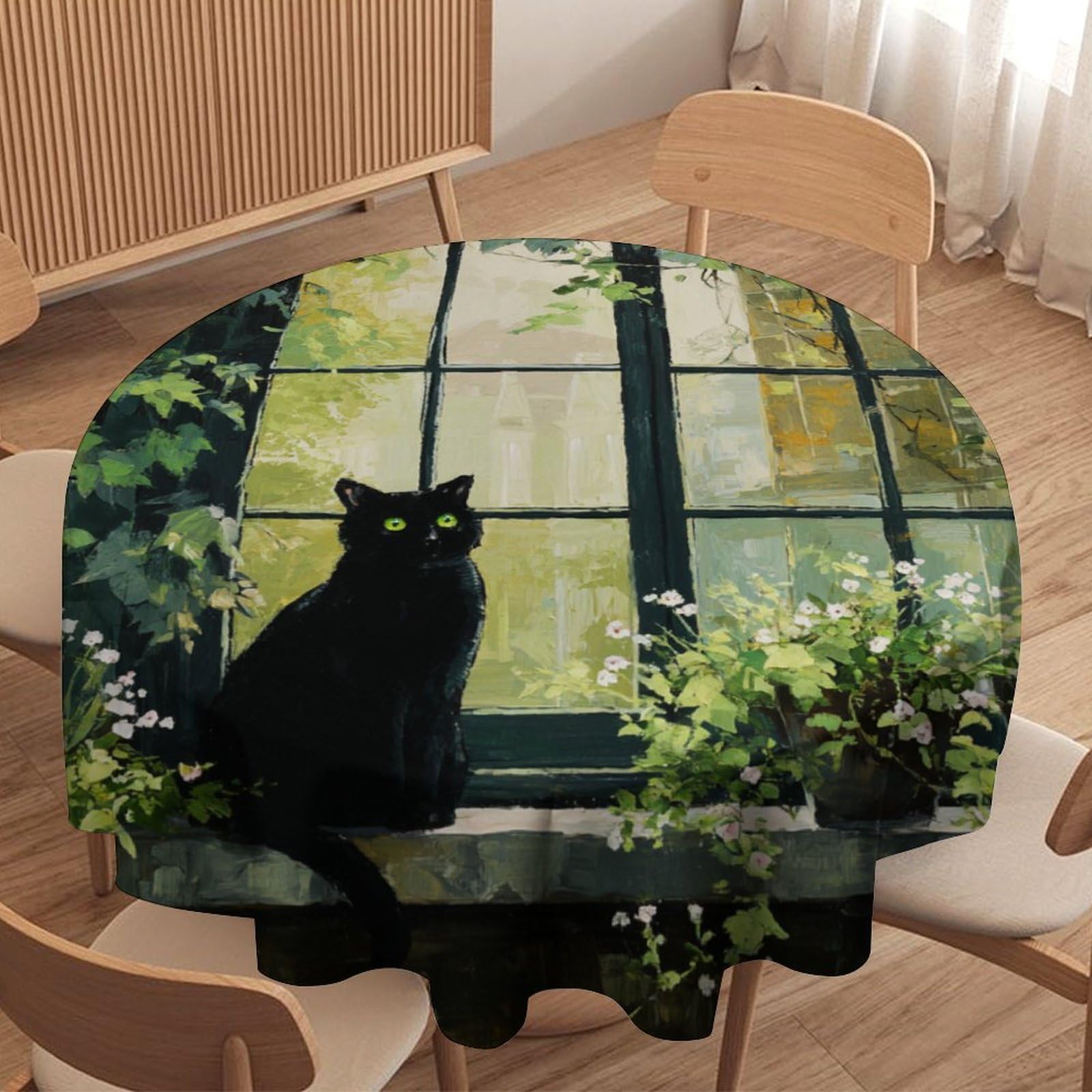 LUYYSKY Beautiful Rustic Black Cat Waterproof Round Tablecloth Retro Oil Painting Botanical Cottage Animal Kitten Flowers Washable Table Cover for Kitchen-91.4" Wx91.4 L cm