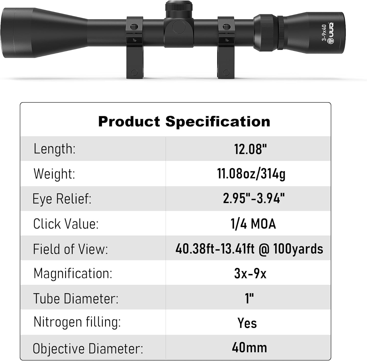 UUQ 3-9×40 Rifle Scope with Rangefinder Reticle with 20mm Picatinny Mounts,Waterproof and Fog-Proof for Hunting
