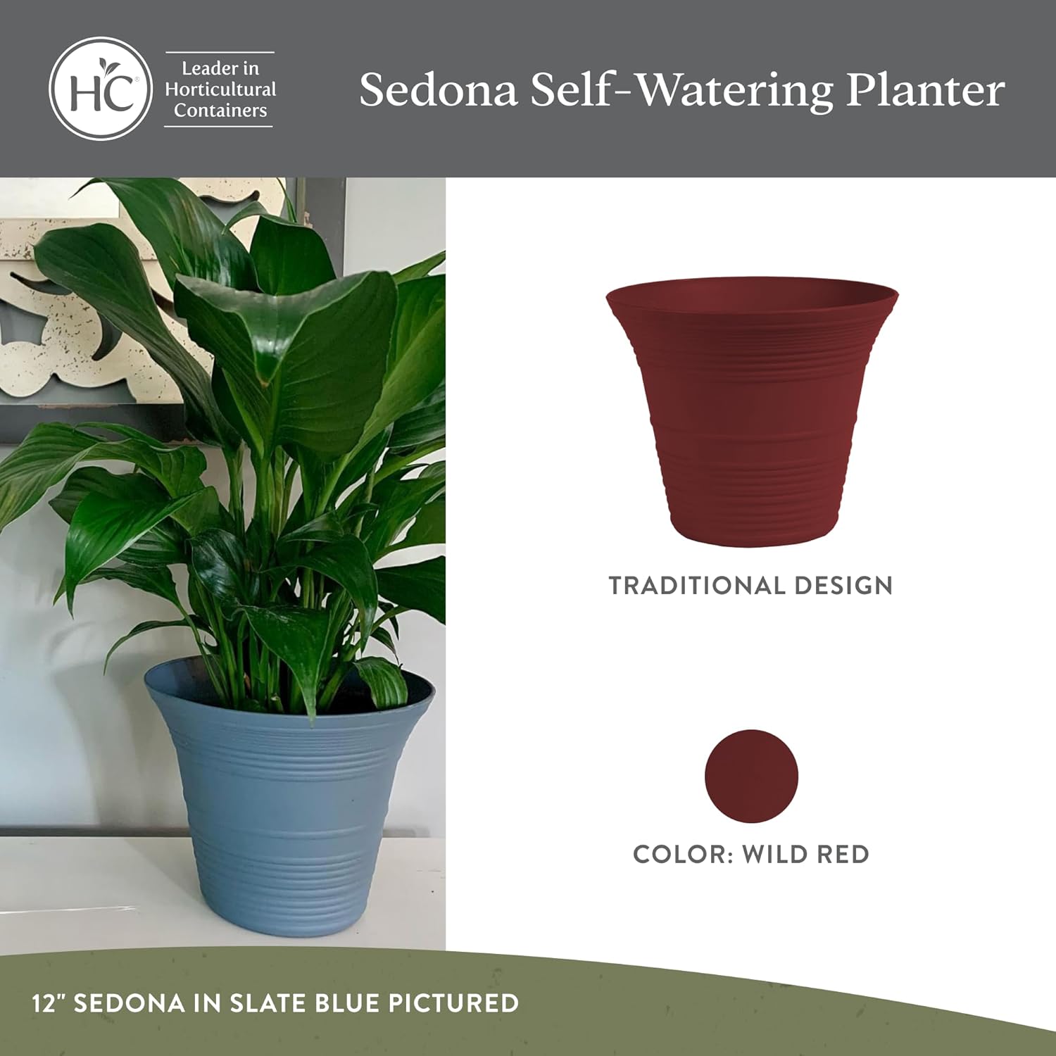 the hc companies 9 inch sedona round self watering planter pots, lightweight uv-resistant plastic indoor & outdoor planters, 4-pack flower pots for garden & home decor, wild red wild red 9" pack of 4