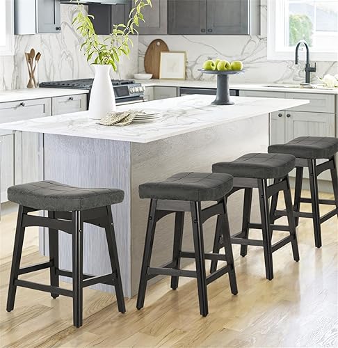Miniatura 84 de Sophia & William Juego de 4 taburetes de bar de altura de mostrador, modernos taburetes de bar de piel sintética sin respaldo con patas de madera