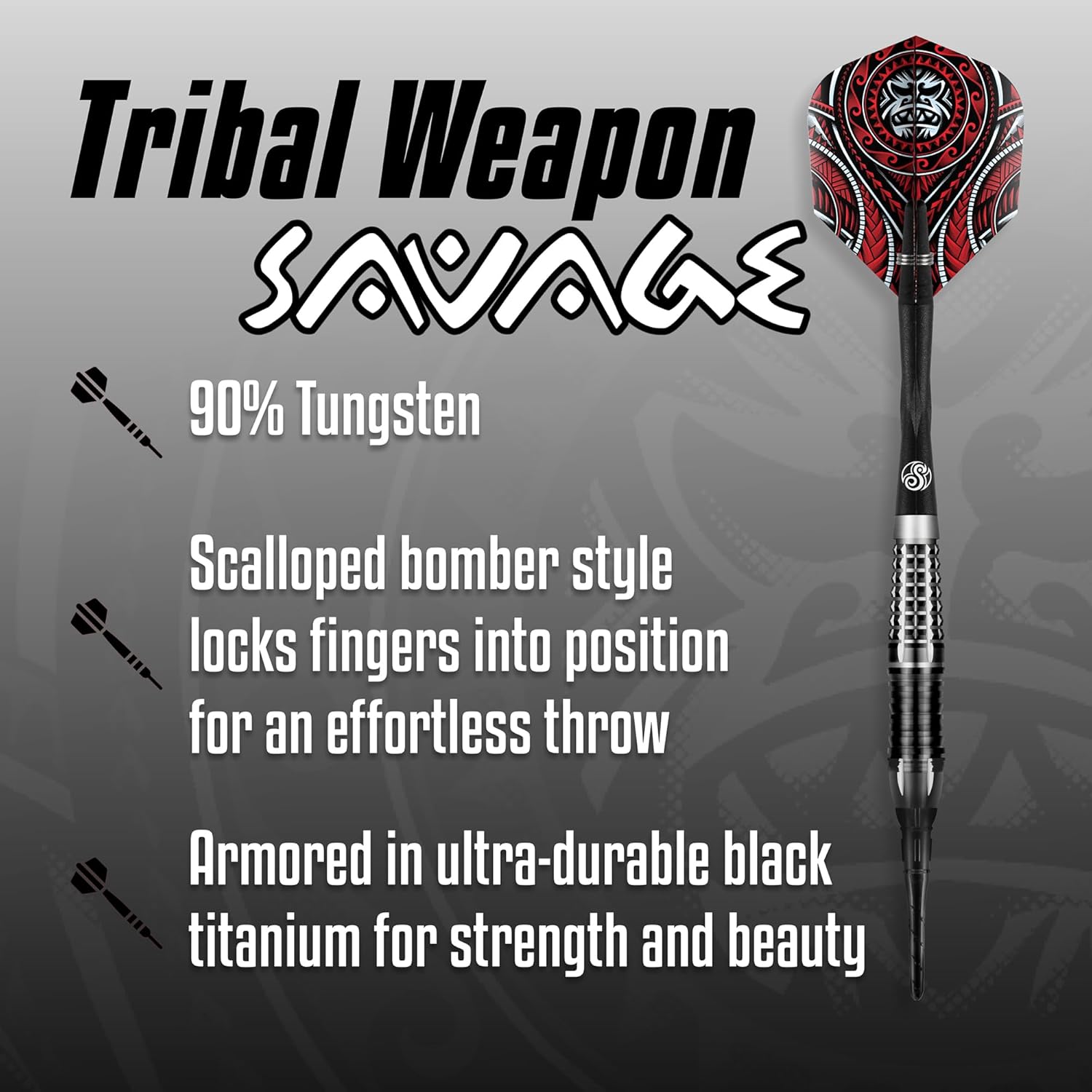 Shot Darts Soft Tip, Tribal Weapon Savage (18g/20g), 90% Tungsten Barrels, Front Weighted with Precision grips, Handcrafted Professional Dart Set and Flights Made in New Zealand, Plastic Tip Bar Darts