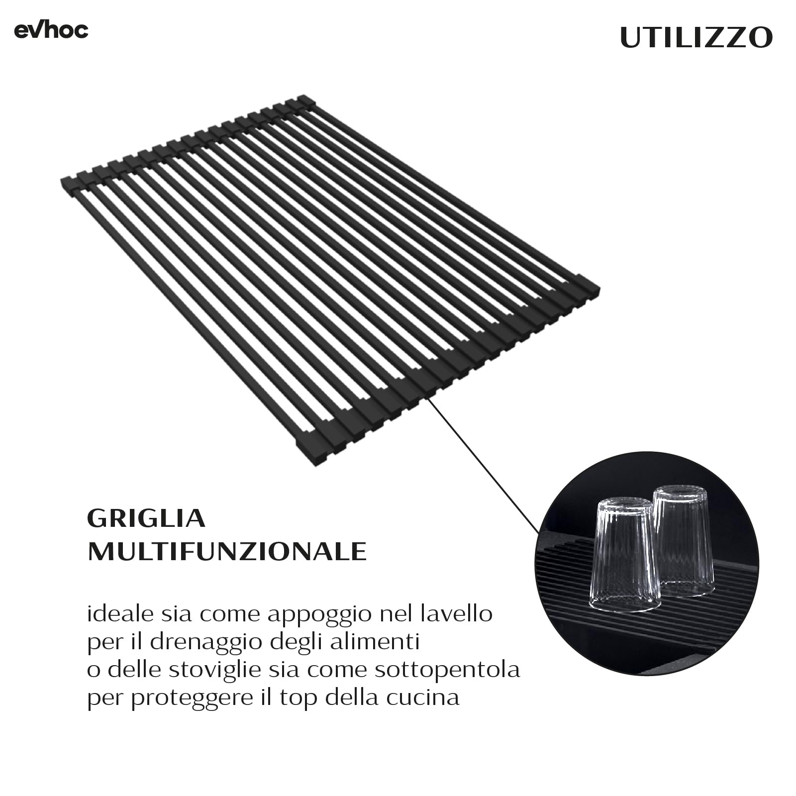 Evhoc Griglia ROLLING GRATE S Scolapiatti per Lavello Cucina, Sottopentola in Silicone, Ideale per Lavello e Top, 30x44x1 cm