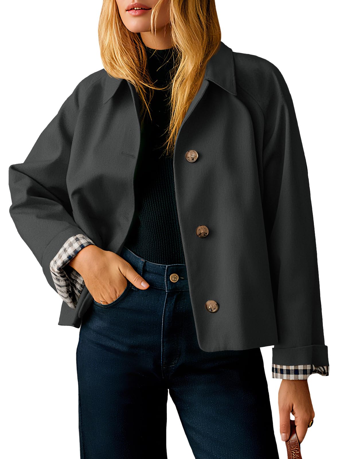 Tankaneo Womens Cropped Trench Coat Lightweight Single Breasted Jackets